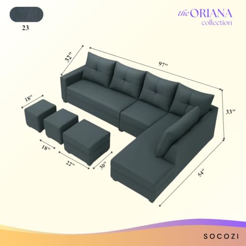 Image of SOCOZI Oriana 8 Seater RHS L Shape Sofa Set | Velvet Suede Fabric L Shape Sofa for Livingroom with 2 Ottoman & Centre Table (Dark Grey)