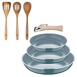 Bergner Click&Cook Juego de 3 Sartenes Ø18Ø20Ø24cm Aluminio prensado reciclado Verde con Mango extraíble+Set 3pcs utensilios de cocina acacia