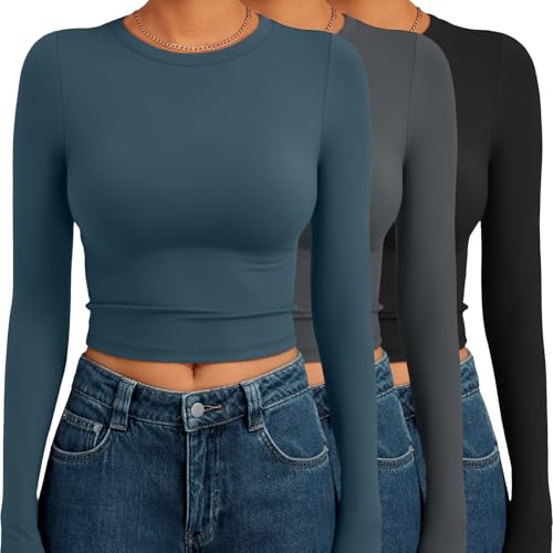 AUTOMET 3 Pack Womens Long Sleeve Shirts Y2K Going Out Crop Tops Cute Basic Slim Fitted Fall Fashion Outfits 2026 Clothes BlueGreyBalck S