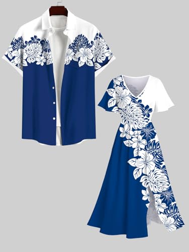 Image of Matchable Couple Hawaiian Sea Beach Starfish Turtle Shell Print Shirt or Plus Size Midi Split A Line Dress
