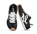 LUCKY STEP Women's Retro Tennis Fashion Sneakers Classic Casual Thin Sole Cute Comfortable Genuine Leather Trainer Ligheweight Trendy Walking Shoes(Black,7)