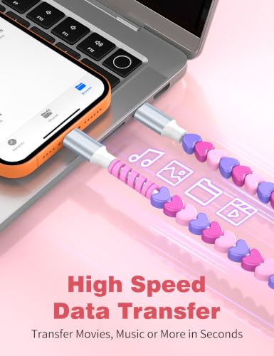 Image of USB C to USB C Cable 3FT,60W Fast Charging Beaded Charger Cord for iPhone 17 16 Pro Max 15 /iPad Pro 11th Air for Samsung S26 S25 S24 A16 A17 /Android Phone Charger Cute Girls Women,PurplePink-Hearts