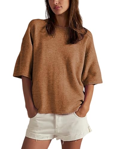 Yeokou Women Sweater Tee Casual Crewneck Short Sleeve Pullover Top Ribbed Knit Loose Shirt