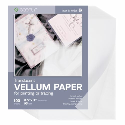 Translucent Vellum Paper 8.5 x 11, Goefun 100 Sheets Vellum Tracing Paper Printable for Invitations, Card Overlays, Belly Bands, DIYs, Sketching, Drawing