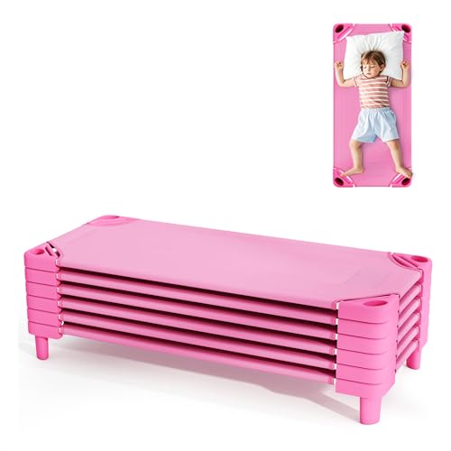 CHEFJOY Daycare Cots, 6-Pack Stackable Nap Bed Cot with Easy Lift Corners, Portable Children Sleeping Cots for Preschool Classroom, Nursery, Ready-to-Assemble (Pink)
