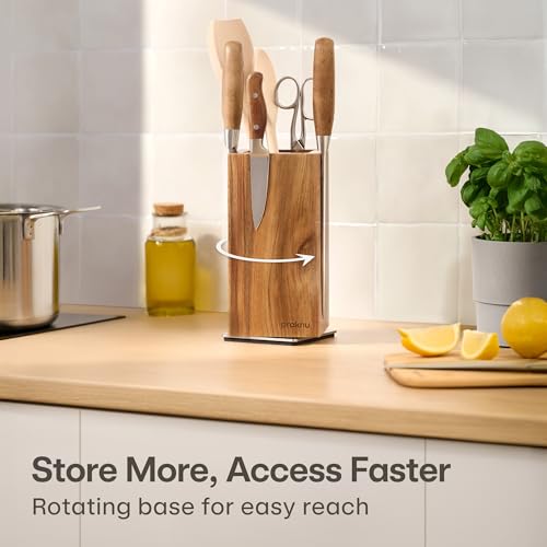 Praknu Magnetic Knife Block 360° Rotatable Without Knives - FSC® Acacia Wood with Space for Kitchen Utensils - Strong Magnet on Both Sides - Non-Slip Base - Image 2