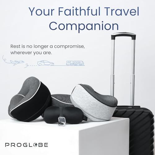 Image of Proglobe Orthopedic Neck Pillow Travel Neck Pillows for Airplanes, Memory Foam Kit, Updated Resting Material, Airplane Travel Set with 3D Contoured Eye Masks, Earplugs, and Luxury Mesh Bag (Blue)