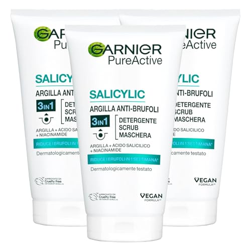 Garnier Skin Active 3 en 1 – Limpiador + exfoliante + máscara antiespinillas, 3 unidades (3 x 150 ml)