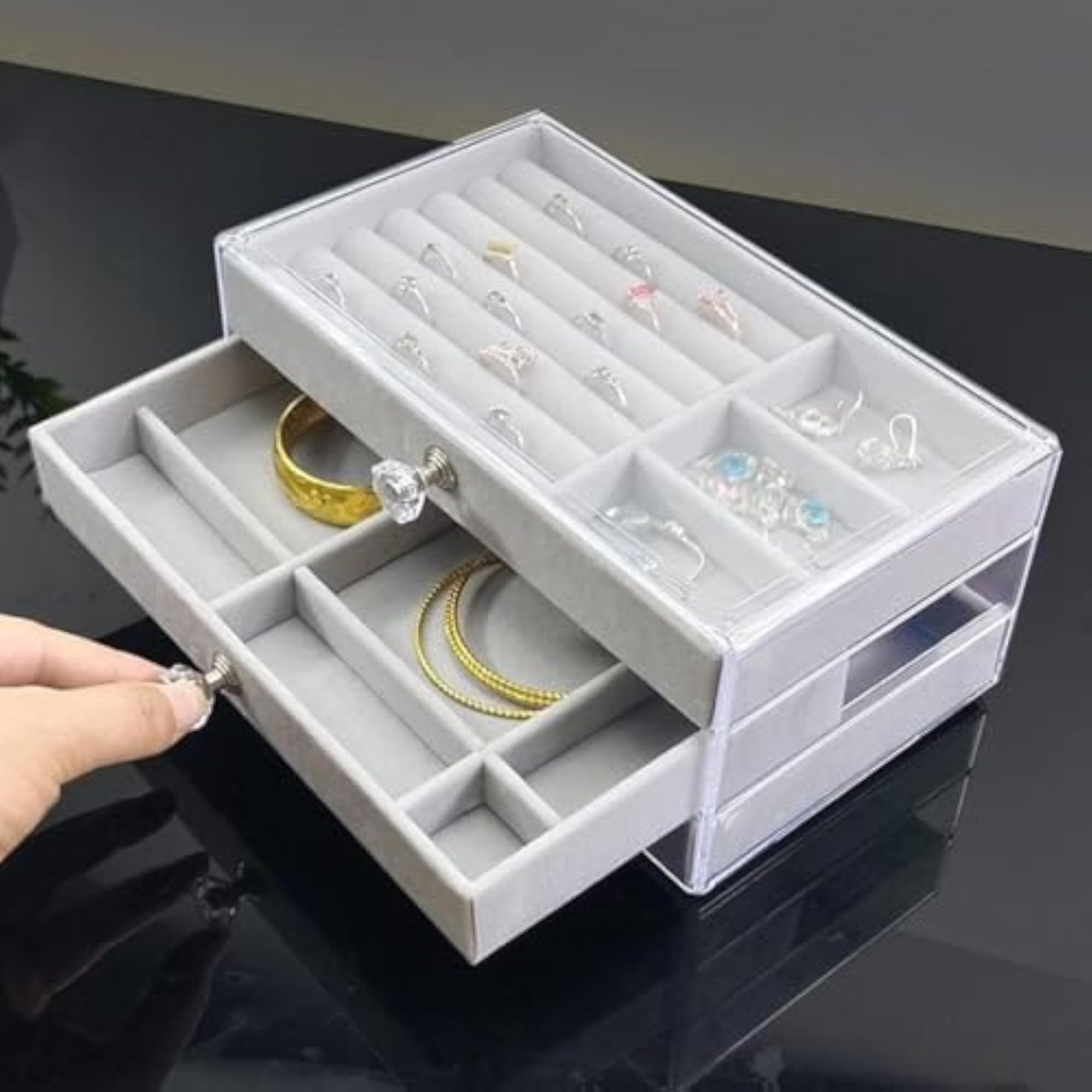 3-Layer Velvet Jewelry Box Organizer