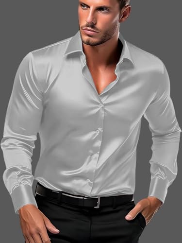 Image of IndoPrimo Men's Satin Shirt with Spread Collar Neck Line Solid Pattern Full Sleeves Regular Fit Western Style and Standard Length