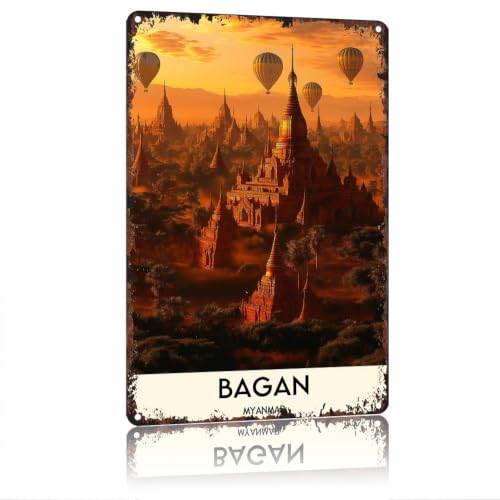 Bagan Myanmar Sunrise Pagoda Metal Sign 12x8 Wall Decor