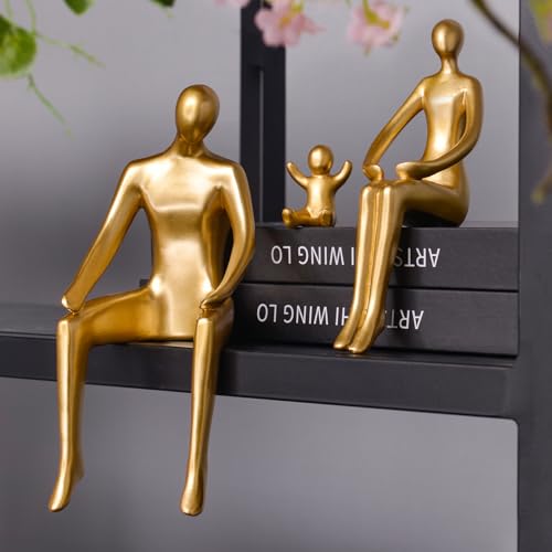 Quoowiit Gold Decor Family Statue Shelf Decor, Abstract Modern Home Decorations Family Sculpture, Minimalist Miniature Coffee Table Ornament Figurines for Office Bookshelf Living Room Bedroom 3 Piece
