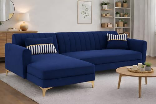 Image of Adorn India Premium Luster 6 Seater L Shape Sofa Set | Velvet Suede Fabric | 3-Year Warranty | LHS |Color Blue with Golden Legs & Striped Pattern Cushion
