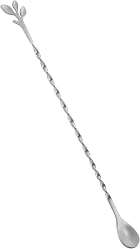 AnSaw Cuchara de cóctel plateada de acero inoxidable de 10 pulgadas con mango de hojas, perfecta para mezclar y colocar bebidas en tazas altas,