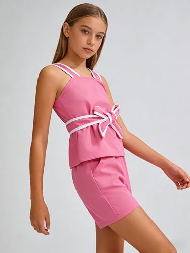 Image of Cakaner Tween Girls 2 Piece Outfit Set Summer Tank Top and Elastic Waist Shorts with Belt Size 7-14