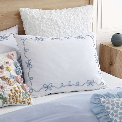Peri Home Bow Bedding Duvet Cover Cottage Core Vintage Country 100% Cotton 3-Piece Set, Full/Queen, Blue Sasha Bows