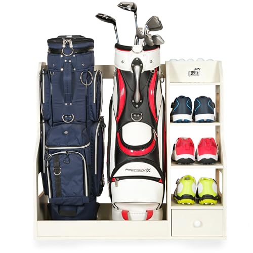 Image of Mythinglogic Wooden Golf Bag Storage Rack for 2 Bags with Drawer