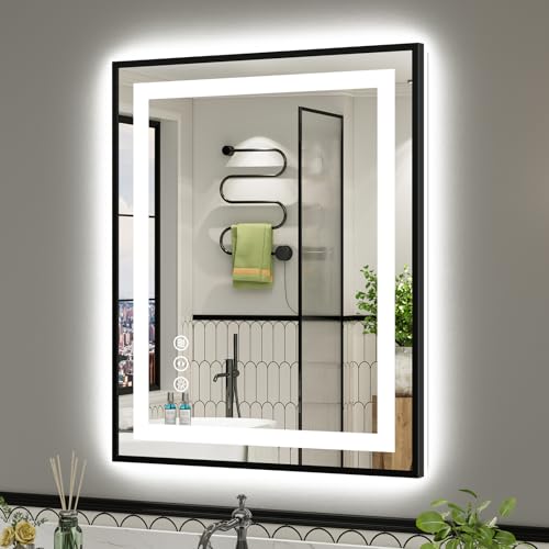 Image of 28X36 Inch LED Bathroom Mirror with Black Frame, Backlit & Front Lit, Anti-Fog Lighted Bathroom Vanity Mirror for Wall, Memory Function, Dimmable, HD Tempered Glass, Shatter-Proof
