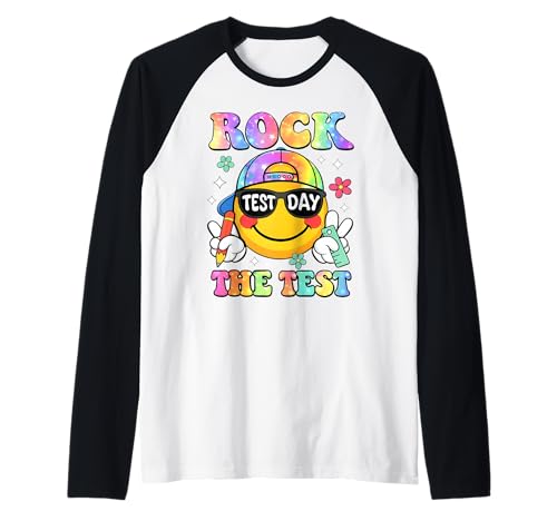 Rock The Test Smile Face Test Day Teacher Boy Girl Kids Raglan Baseball Tee