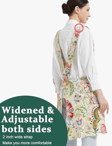 Image of Cozy Adjustable Cross Back Aprons for Women with Pockets Cotton Linen Cooking Kitchen Baking