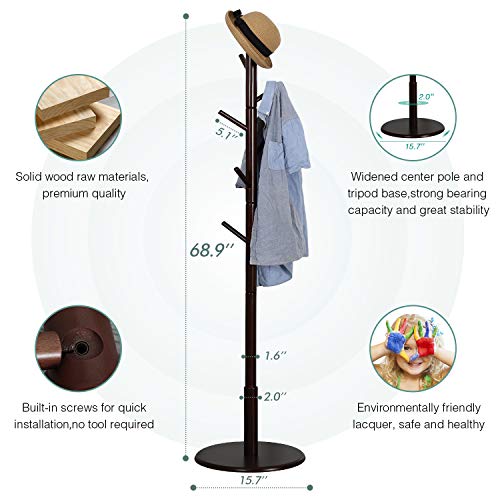 Vlush Sturdy Wooden Coat Rack Stand, Entryway Hall Tree Coat Tree With Solid Round Base For Hat,Clothes,Purse,Scarves,Handbags,Umbrella-(8 Hooks,Dark Brown) #TOP2