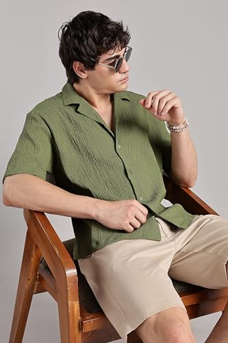 Image of FYLTR Men's Solid Textured Relaxed Fit Shirt - Half Sleeves | Cuban Collar | Comfortable Fit | Summer Shirts