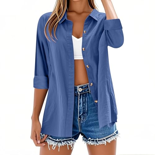 Womens Tops Long Sleeve Casual Button Down Cotton Linen Shirts Solid Color Summer Tshirts V Neck Roll Up Collared Loose Oversized Tees Lightweight Dressy Blouses Office Work Ladies Tunic Tops Blue