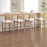 CIMOTA Rattan Counter Height Bar Stools Set of 4, 26' Farmhouse Barstools with Woven Backs, Boho Oak Wood Bar Stool Chairs Linen Upholstered Counter Stools for Kitchen Island/Counter/Bar