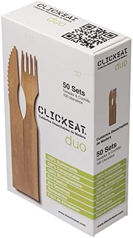 Clickeat Compostable Utensils Wooden Forks & Knifes Biodegradable Disposable Cutlery 50 Forks 50 Knifes Set 100 pcs Eco Friendly Compostable Silverware