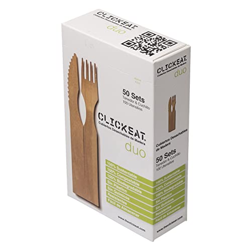 Clickeat Compostable Utensils Wooden Forks & Knifes Biodegradable Disposable Cutlery 50 Forks 50 Knifes Set 100 Pcs Eco Friendly Compostable Silverware #TOP2