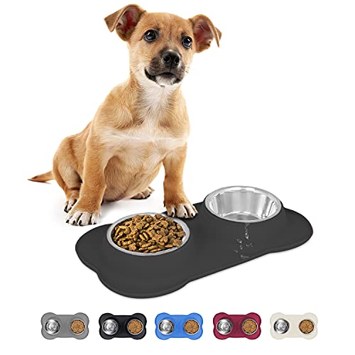 FurDreams Twin Dog & Cat Bowls – Bone Shaped Feeding Mat with Two Stainless Steel Dishes | Food & Water Pet Bowls 200ml | Durable Silicone Non-Slip Feeder Tray with Anti-Spill Design (Black)