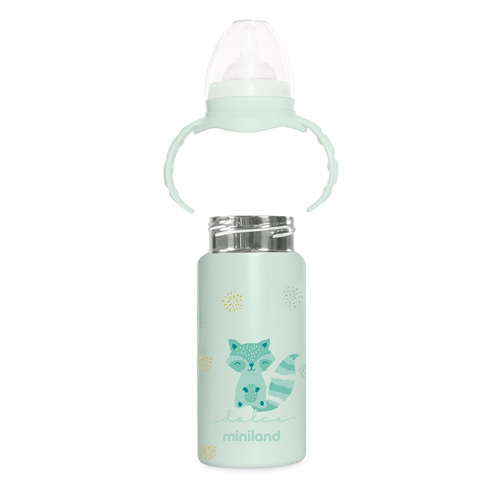 Miniland Thermobaby Dolce Menta 240ml. Thermos da 240ml in acciaio inox con tettarella, a doppio strato di acciaio, che mantiene la temperatura della bevanda fredda e calda per ore.