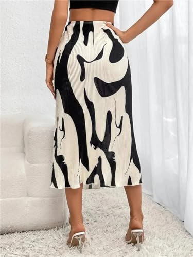 Women Casual Graphic Print Pleated Elastic High Waist Geometry Long Skirts Beige4