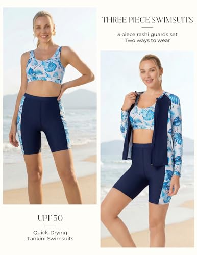 Image of JACK SMITH Women's 3 Piece Long Sleeve Rash Guard Swimsuits Zip Front Bathing Suit Tankini Swimsuits UPF 50