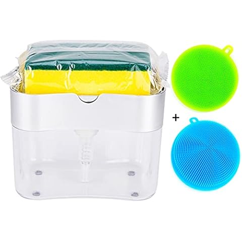 SLEEC 2 in 1 Dish Washing Liquid Dispenser Liquid Soap Kitchen Sink Tidy Dispenser with Sponge Caddy Pump Washing Detergent Liquid Dispenser Sponge Holder Dish Washing Pump Cover