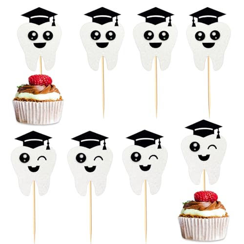 24 Stück „Congrats Dentist“ Cupcake Topper, 2 glitzernde Zahn-Designs mit Doktorhut, niedliche lächelnde Zahn-Piekser für Abschlussfeier in der Zahnmedizin, Hygieniker-Partybedarf und Praxisdekoration