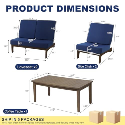 Image of Pia Ricoo 4 Piece Patio Furniture Sets, Outdoor Loveseat Sofa Set with 2 Chairs & Coffee Table, Patio Conversation Set for Backyard, Deck, Lawn, Navy