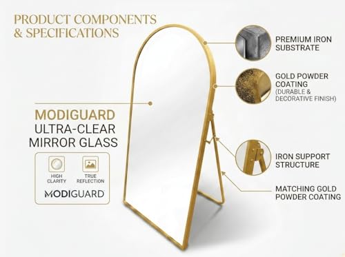 Image of Ellehome A Perfect Home Decor Arched Full Length Floor Mirror with Stand, Black Metal Heavy Frame, 4 ft x 1.5 ft, Freestanding (Gold, 4 x 1.5 ft)