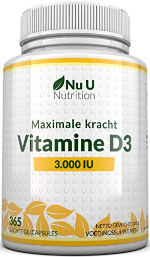 Vitamine D3 3000 IE - 365 Softgels (Jaarvoorraad) - Driedubbele Sterkte Vitamine D3 Supplement - Hoge Absorptie Cholecalciferol - Gluten- en Zuivelvrij - Gemaakt in het VK door Nu U Nutrition