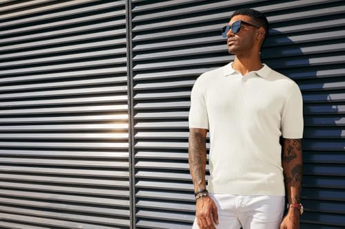 Image of DENIMHOLIC Cotton Knitted Polo T Shirt for Man | Ribbed Textured Knit Polo Mens Tshirts | Collar T Shirts for Men