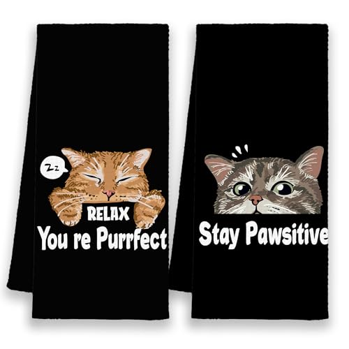 Xmsaitar Black Funny Cat Kitchen Towels Set of 2, Stay Pawsitive Hand Towels for Bathroom, Cute Cat Gifts for Cat Lovers Owners, Rustic Decorative Dish Towels Decor for Kitchen Dorm 16x24in