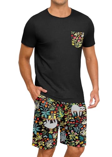 Image of PrinStory Mens Summer Pajamas Set Lightweight Pjs Sets Short Sleeve Pajama Shorts Set Soft Sleepwear Loungewear with Pockets