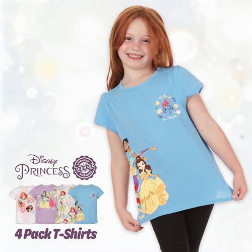 Disney Girls' T-Shirts Princess, Ariel, Cinderella, Tiana, Jasmine, Aurora 4 Pack Short Sleeve Tee4