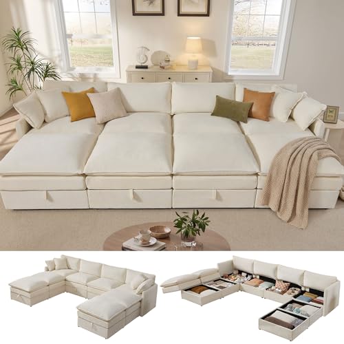Image of Ihanherry 135 inch Oversized Sectional Sofa Bed with Storage, 8-Seater Modular Cloud Couch with Movable Ottomans, Chenille Deep Seat Sleeper Couches for Living Room (Beige)