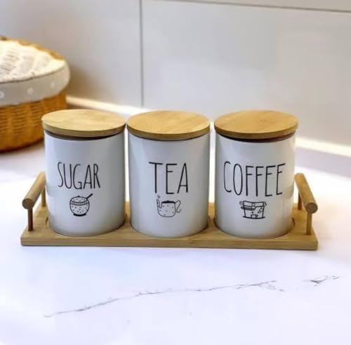 طقم علب بورسلين محكمة الغلق للقهوة والسكر والشاي من جينيريك - 3 قطع (كريمي، 31 سم)