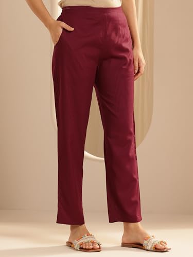 Image of Libas Maroon Yoke Design Viscose Straight Kurta set for Women | daily wear suit