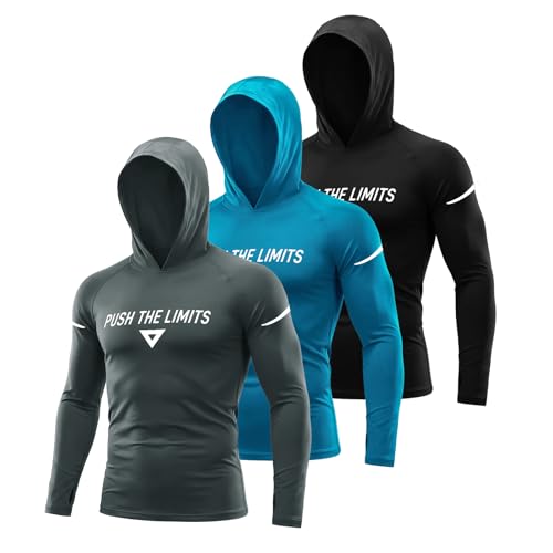 SKYWEHYD Mens Sun Protection 3 Pack Workout Hoodie UPF 50+ Breathable Lightweight Long Sleeve Shirt for Running Fishing & Surfing M