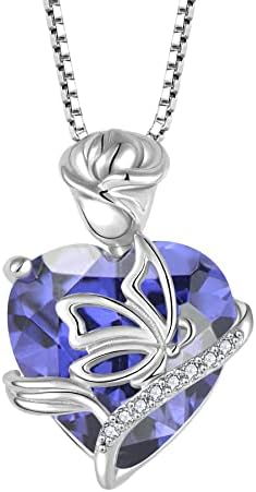 FJ Birthstone Necklace for Women 925 Sterling Silver Butterfly Pendant Rose Flower Necklace Jewellery Gifts for Women Mom Wife Girls Her