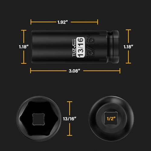 Image of 1 /2 Inch Drive 13 /16 Inch Deep SAE Impact Socket,CR-MO,6 Point Radius Corner Design,Square Chamfered Opening,Axle Nut Impact Grade Socket for Easy Removal