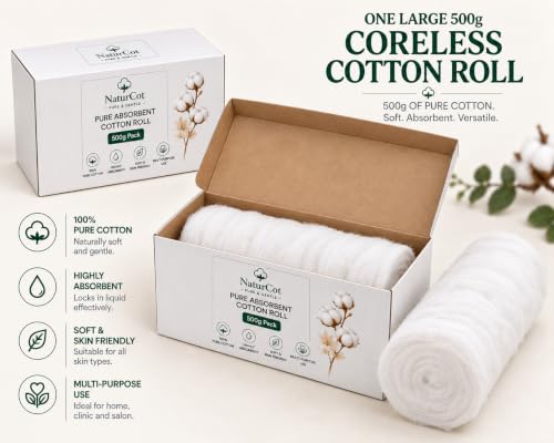 Image of Premium Absorbent Cotton Roll (400g Net Weight, No Paper Tube) | Coreless & 100% Pure | Soft, Lint-Free Bulk Utility for Medical First Aid, Wound Dressing, Baby Care & Hygiene (1 Pack)